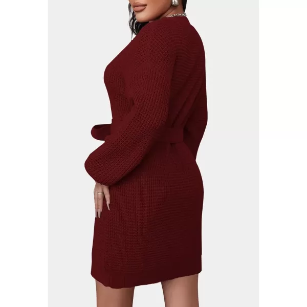 ZESICA Womens 2024 Fall Long Sleeve Solid Color Waffle Knitted Tie Wasit Tunic Pullover Sweater DressWine