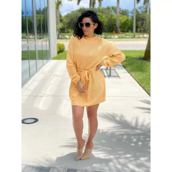 ZESICA Womens 2024 Fall Long Sleeve Solid Color Waffle Knitted Tie Wasit Tunic Pullover Sweater DressYellow