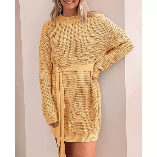 ZESICA Womens 2024 Fall Long Sleeve Solid Color Waffle Knitted Tie Wasit Tunic Pullover Sweater DressYellow