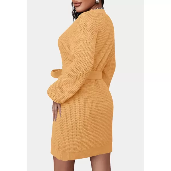 ZESICA Womens 2024 Fall Long Sleeve Solid Color Waffle Knitted Tie Wasit Tunic Pullover Sweater DressYellow