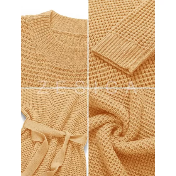 ZESICA Womens 2024 Fall Long Sleeve Solid Color Waffle Knitted Tie Wasit Tunic Pullover Sweater DressYellow