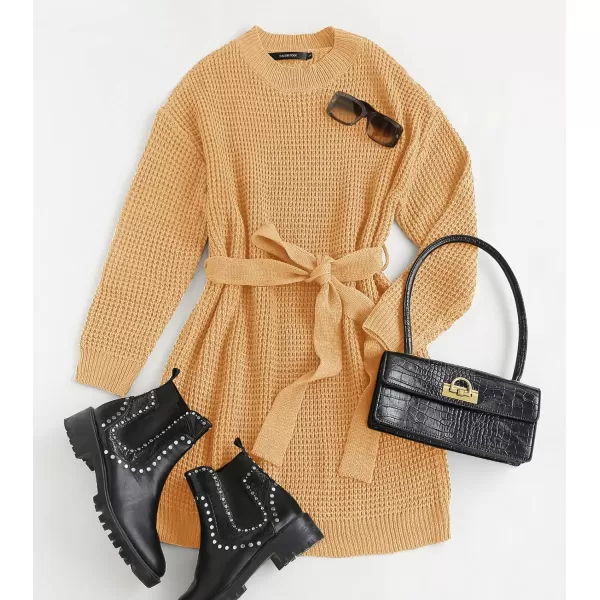 ZESICA Womens 2024 Fall Long Sleeve Solid Color Waffle Knitted Tie Wasit Tunic Pullover Sweater DressYellow
