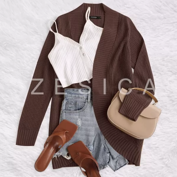 ZESICA Womens 2024 Fall Winter Long Sleeve Open Front Casual Lightweight Soft Knit Cardigan Sweater OuterwearCoffee