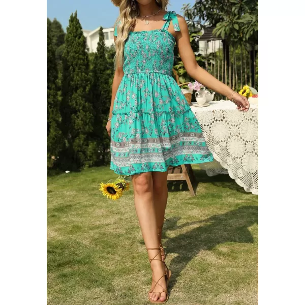 ZESICA Womens 2024 Summer Boho Floral Printed Spaghetti Strap Square Neck Ruffle A Line Swing Beach Mini DressAqua