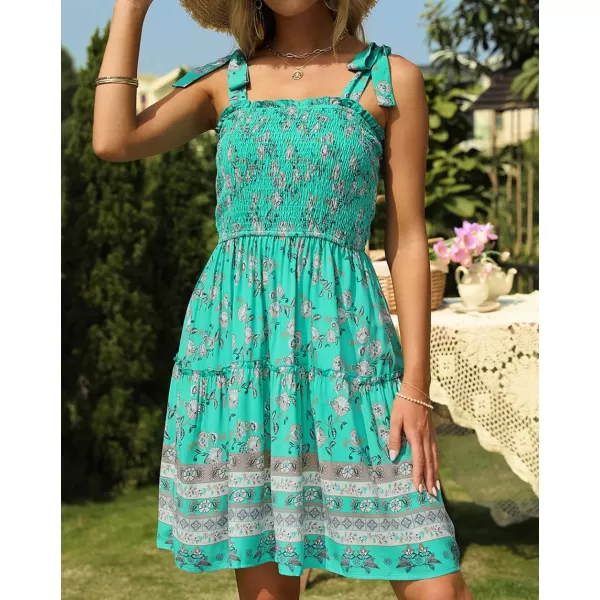 ZESICA Womens 2024 Summer Boho Floral Printed Spaghetti Strap Square Neck Ruffle A Line Swing Beach Mini DressAqua