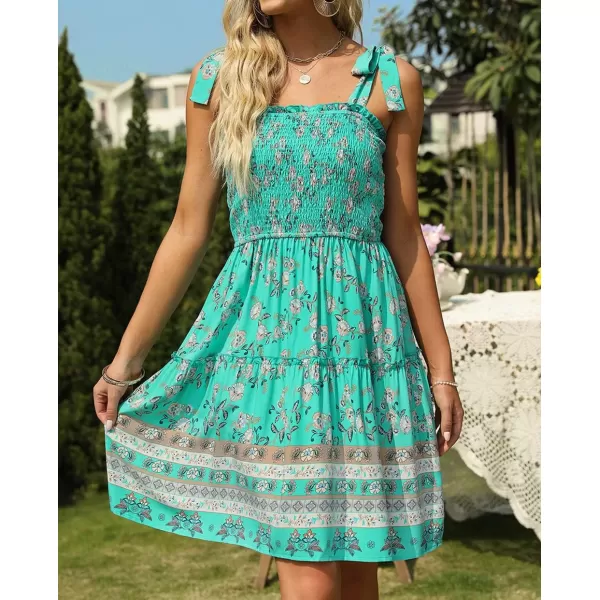 ZESICA Womens 2024 Summer Boho Floral Printed Spaghetti Strap Square Neck Ruffle A Line Swing Beach Mini DressAqua