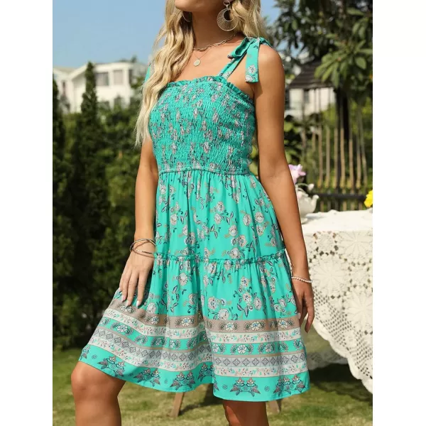 ZESICA Womens 2024 Summer Boho Floral Printed Spaghetti Strap Square Neck Ruffle A Line Swing Beach Mini DressAqua