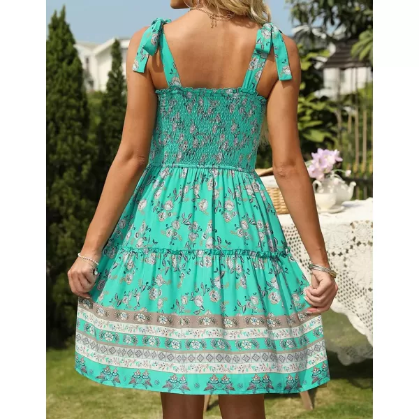ZESICA Womens 2024 Summer Boho Floral Printed Spaghetti Strap Square Neck Ruffle A Line Swing Beach Mini DressAqua