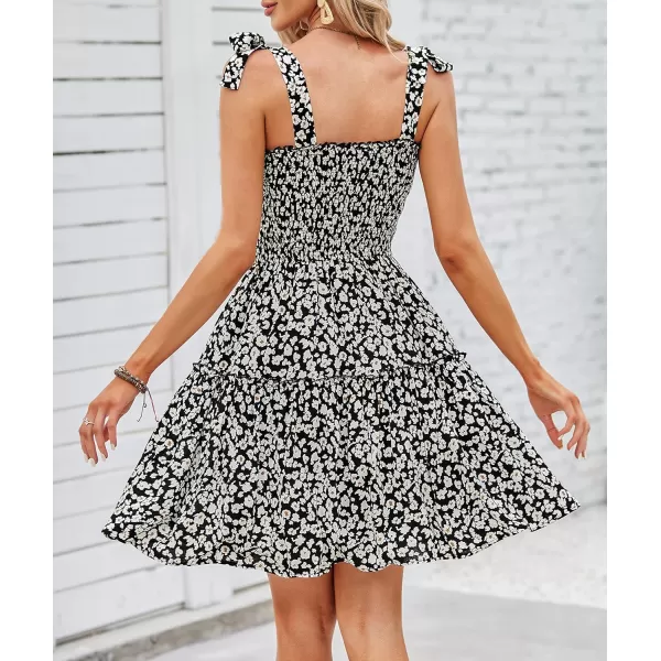 ZESICA Womens 2024 Summer Boho Floral Printed Spaghetti Strap Square Neck Ruffle A Line Swing Beach Mini DressBlack
