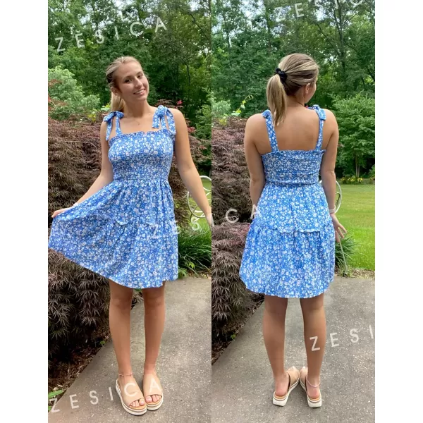 ZESICA Womens 2024 Summer Boho Floral Printed Spaghetti Strap Square Neck Ruffle A Line Swing Beach Mini DressBlue