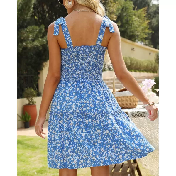 ZESICA Womens 2024 Summer Boho Floral Printed Spaghetti Strap Square Neck Ruffle A Line Swing Beach Mini DressBlue