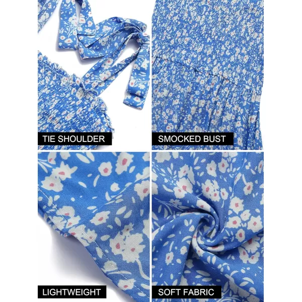 ZESICA Womens 2024 Summer Boho Floral Printed Spaghetti Strap Square Neck Ruffle A Line Swing Beach Mini DressBlue