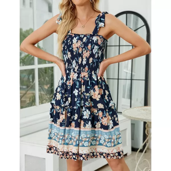 ZESICA Womens 2024 Summer Boho Floral Printed Spaghetti Strap Square Neck Ruffle A Line Swing Beach Mini DressDarkblue