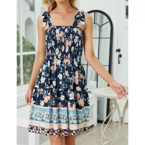 ZESICA Womens 2024 Summer Boho Floral Printed Spaghetti Strap Square Neck Ruffle A Line Swing Beach Mini DressDarkblue