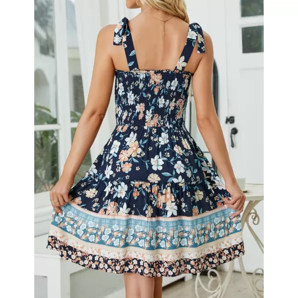 ZESICA Womens 2024 Summer Boho Floral Printed Spaghetti Strap Square Neck Ruffle A Line Swing Beach Mini DressDarkblue