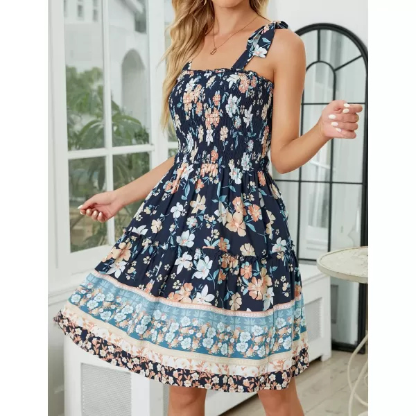 ZESICA Womens 2024 Summer Boho Floral Printed Spaghetti Strap Square Neck Ruffle A Line Swing Beach Mini DressDarkblue