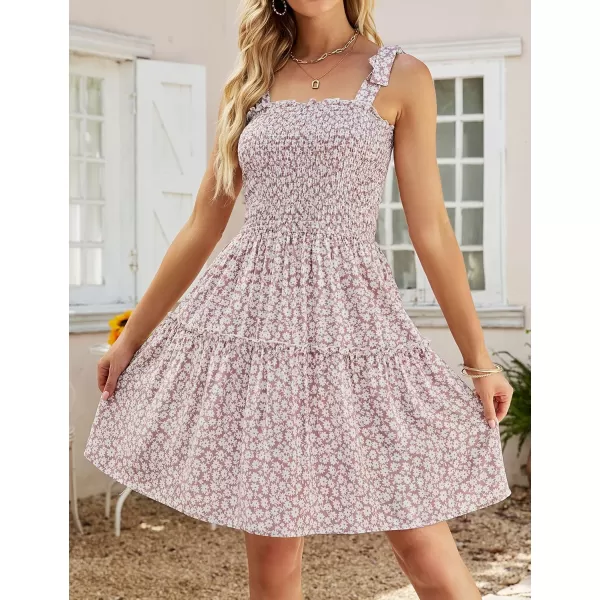 ZESICA Womens 2024 Summer Boho Floral Printed Spaghetti Strap Square Neck Ruffle A Line Swing Beach Mini DressDarkpink