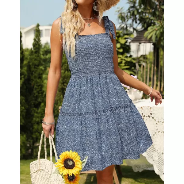 ZESICA Womens 2024 Summer Boho Floral Printed Spaghetti Strap Square Neck Ruffle A Line Swing Beach Mini DressDustyblue