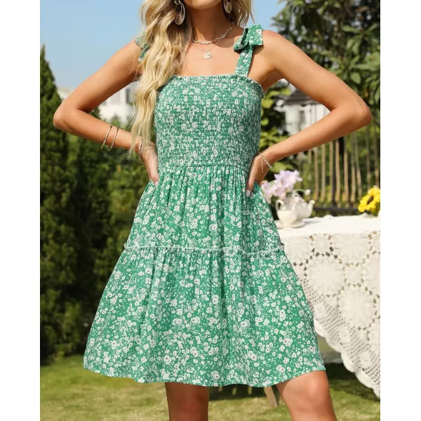 ZESICA Womens 2024 Summer Boho Floral Printed Spaghetti Strap Square Neck Ruffle A Line Swing Beach Mini DressGreen