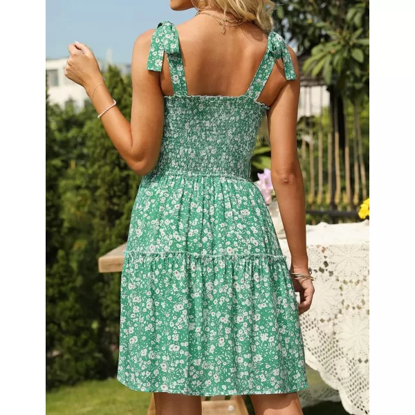 ZESICA Womens 2024 Summer Boho Floral Printed Spaghetti Strap Square Neck Ruffle A Line Swing Beach Mini DressGreen