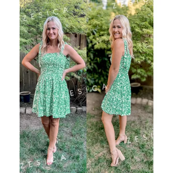 ZESICA Womens 2024 Summer Boho Floral Printed Spaghetti Strap Square Neck Ruffle A Line Swing Beach Mini DressGreen