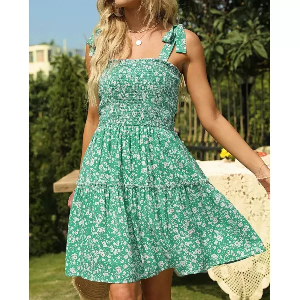 ZESICA Womens 2024 Summer Boho Floral Printed Spaghetti Strap Square Neck Ruffle A Line Swing Beach Mini DressGreen