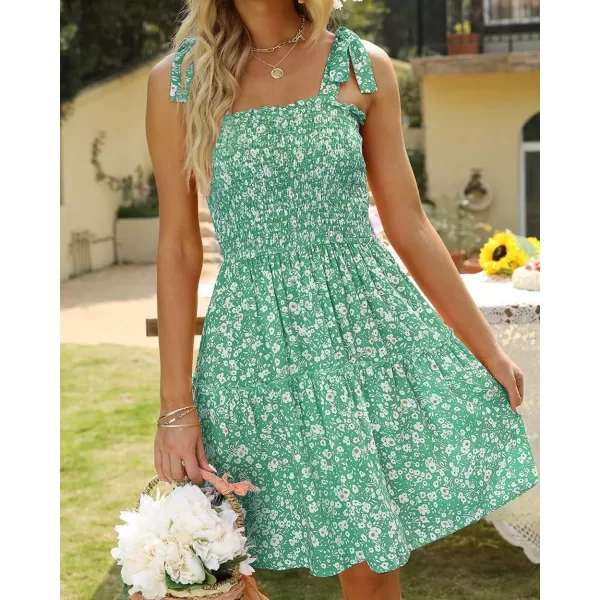 ZESICA Womens 2024 Summer Boho Floral Printed Spaghetti Strap Square Neck Ruffle A Line Swing Beach Mini DressGreen