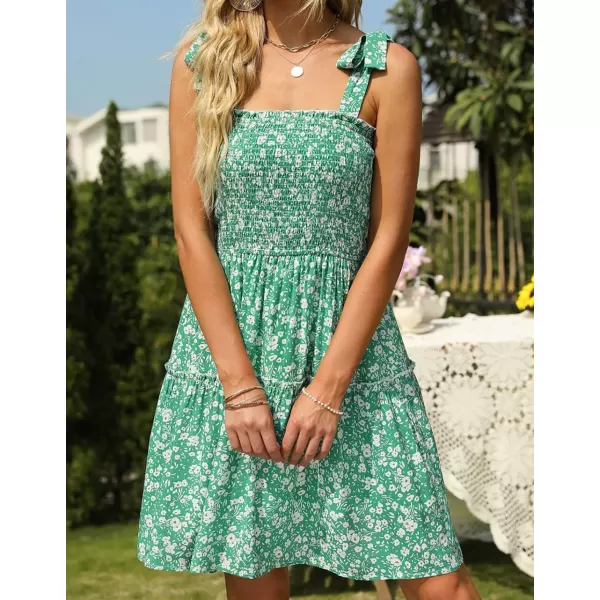 ZESICA Womens 2024 Summer Boho Floral Printed Spaghetti Strap Square Neck Ruffle A Line Swing Beach Mini DressGreen