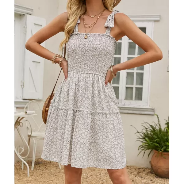 ZESICA Womens 2024 Summer Boho Floral Printed Spaghetti Strap Square Neck Ruffle A Line Swing Beach Mini DressLightkhaki