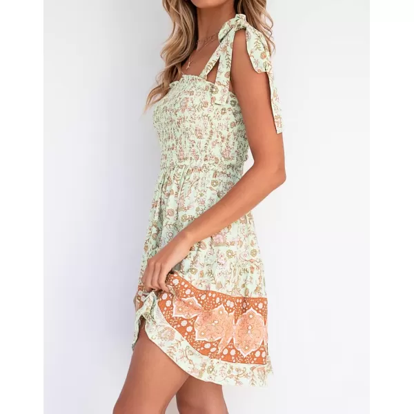 ZESICA Womens 2024 Summer Boho Floral Printed Spaghetti Strap Square Neck Ruffle A Line Swing Beach Mini DressMaple
