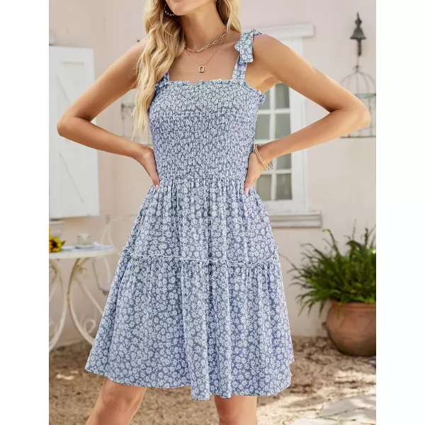 ZESICA Womens 2024 Summer Boho Floral Printed Spaghetti Strap Square Neck Ruffle A Line Swing Beach Mini DressMidblue