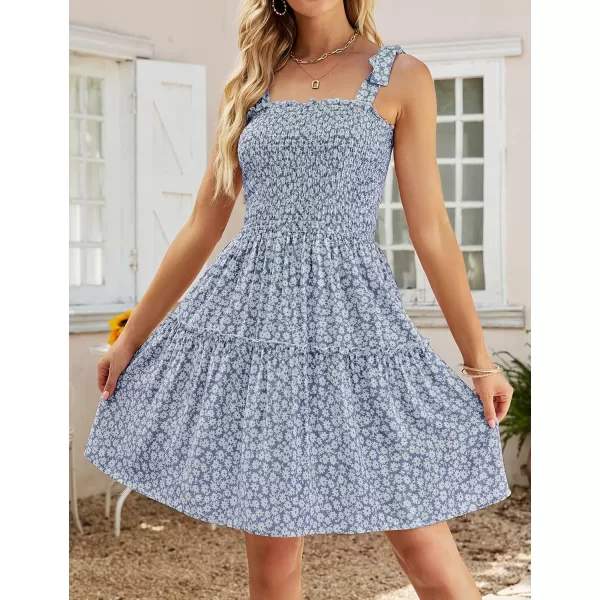 ZESICA Womens 2024 Summer Boho Floral Printed Spaghetti Strap Square Neck Ruffle A Line Swing Beach Mini DressMidblue