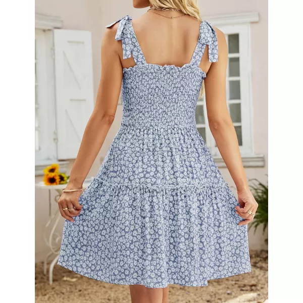 ZESICA Womens 2024 Summer Boho Floral Printed Spaghetti Strap Square Neck Ruffle A Line Swing Beach Mini DressMidblue