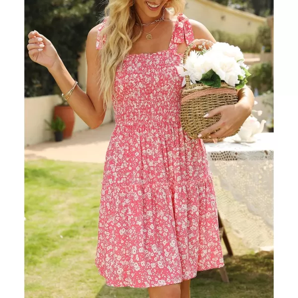 ZESICA Womens 2024 Summer Boho Floral Printed Spaghetti Strap Square Neck Ruffle A Line Swing Beach Mini DressPink