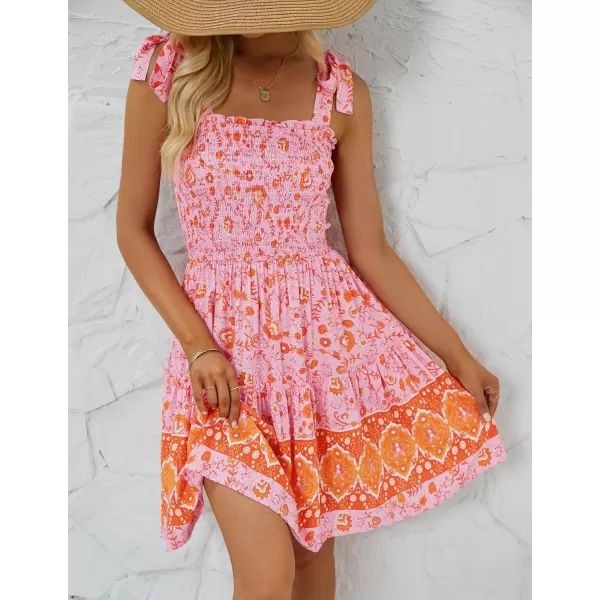 ZESICA Womens 2024 Summer Boho Floral Printed Spaghetti Strap Square Neck Ruffle A Line Swing Beach Mini DressPinkorange