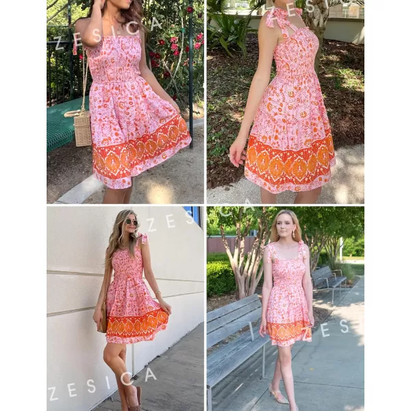 ZESICA Womens 2024 Summer Boho Floral Printed Spaghetti Strap Square Neck Ruffle A Line Swing Beach Mini DressPinkorange