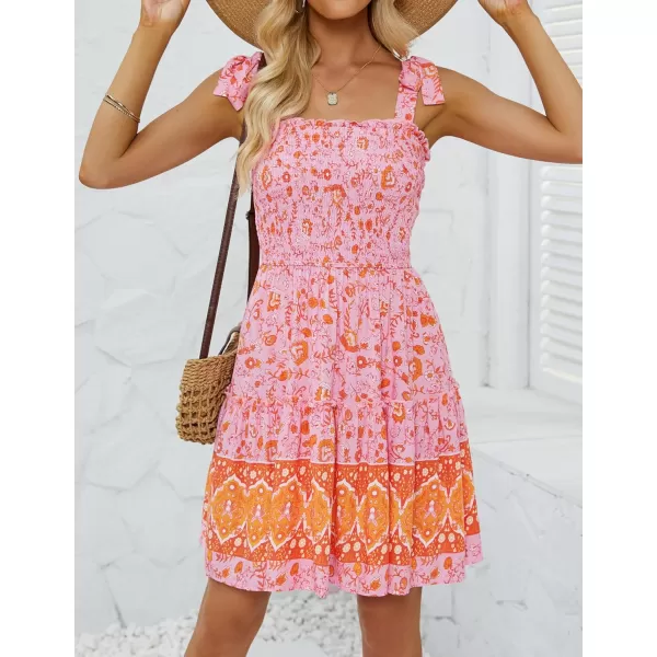ZESICA Womens 2024 Summer Boho Floral Printed Spaghetti Strap Square Neck Ruffle A Line Swing Beach Mini DressPinkorange