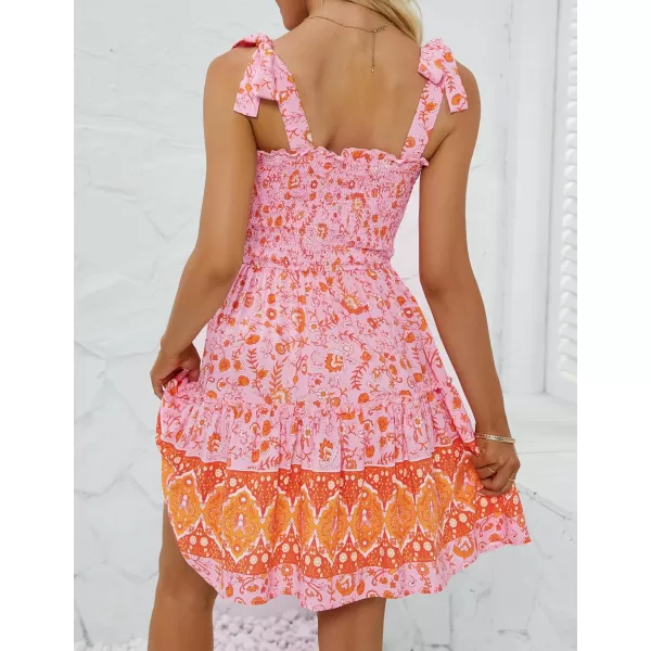 ZESICA Womens 2024 Summer Boho Floral Printed Spaghetti Strap Square Neck Ruffle A Line Swing Beach Mini DressPinkorange