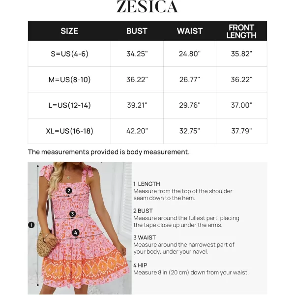 ZESICA Womens 2024 Summer Boho Floral Printed Spaghetti Strap Square Neck Ruffle A Line Swing Beach Mini DressPinkorange