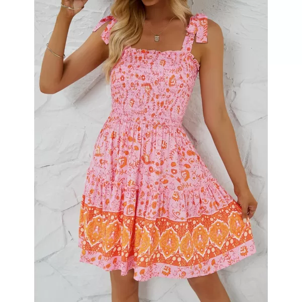 ZESICA Womens 2024 Summer Boho Floral Printed Spaghetti Strap Square Neck Ruffle A Line Swing Beach Mini DressPinkorange