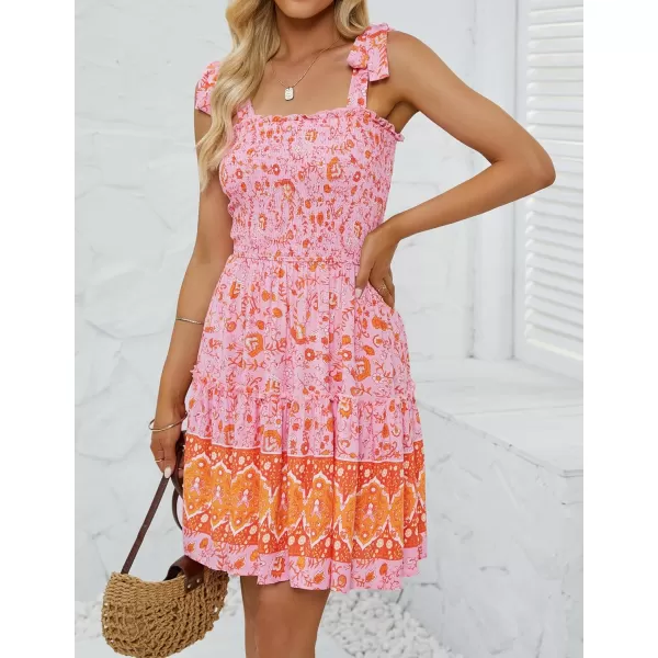 ZESICA Womens 2024 Summer Boho Floral Printed Spaghetti Strap Square Neck Ruffle A Line Swing Beach Mini DressPinkorange