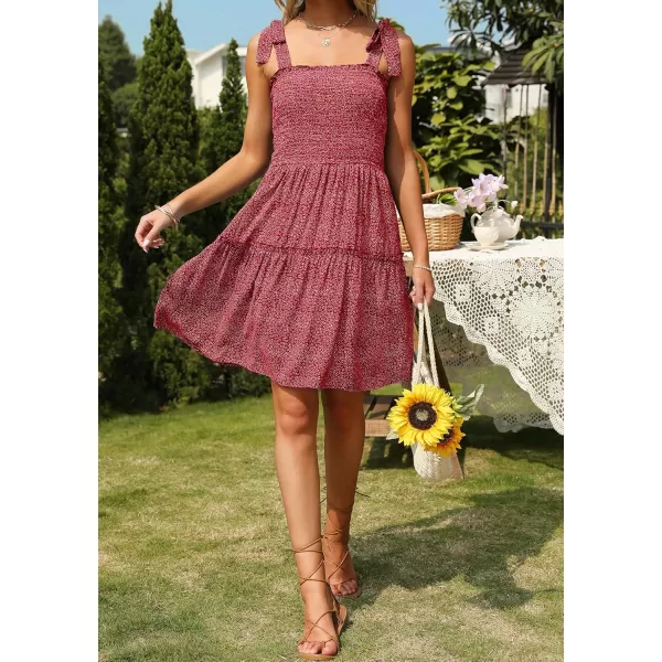 ZESICA Womens 2024 Summer Boho Floral Printed Spaghetti Strap Square Neck Ruffle A Line Swing Beach Mini DressRedflower