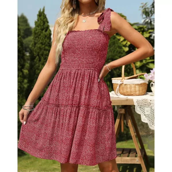 ZESICA Womens 2024 Summer Boho Floral Printed Spaghetti Strap Square Neck Ruffle A Line Swing Beach Mini DressRedflower