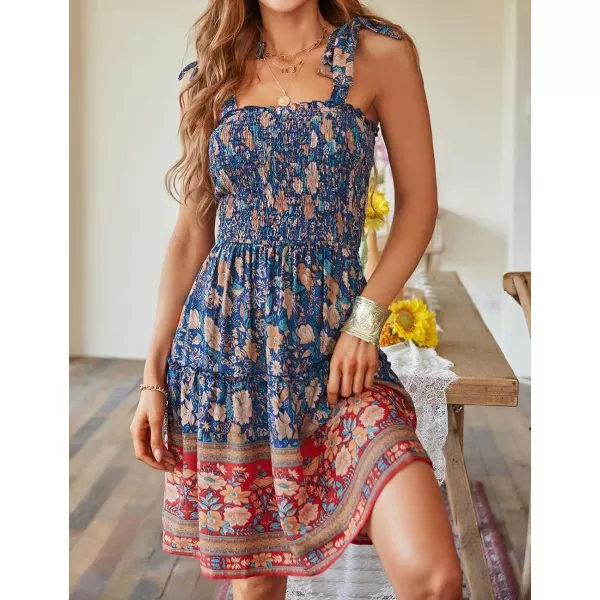 ZESICA Womens 2024 Summer Boho Floral Printed Spaghetti Strap Square Neck Ruffle A Line Swing Beach Mini DressRoyalblue