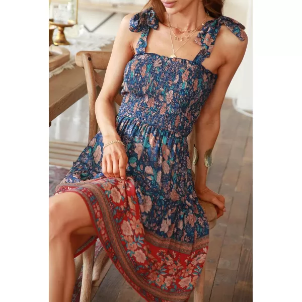 ZESICA Womens 2024 Summer Boho Floral Printed Spaghetti Strap Square Neck Ruffle A Line Swing Beach Mini DressRoyalblue