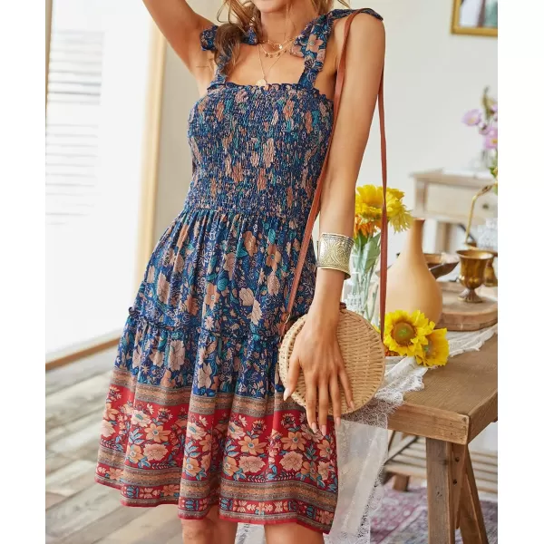 ZESICA Womens 2024 Summer Boho Floral Printed Spaghetti Strap Square Neck Ruffle A Line Swing Beach Mini DressRoyalblue