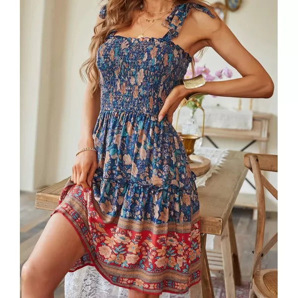 ZESICA Womens 2024 Summer Boho Floral Printed Spaghetti Strap Square Neck Ruffle A Line Swing Beach Mini DressRoyalblue
