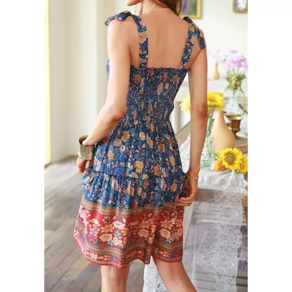 ZESICA Womens 2024 Summer Boho Floral Printed Spaghetti Strap Square Neck Ruffle A Line Swing Beach Mini DressRoyalblue