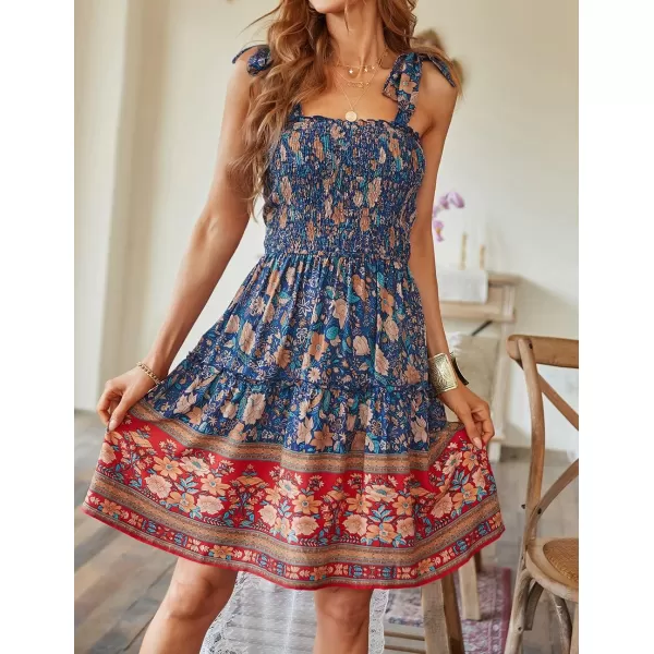 ZESICA Womens 2024 Summer Boho Floral Printed Spaghetti Strap Square Neck Ruffle A Line Swing Beach Mini DressRoyalblue