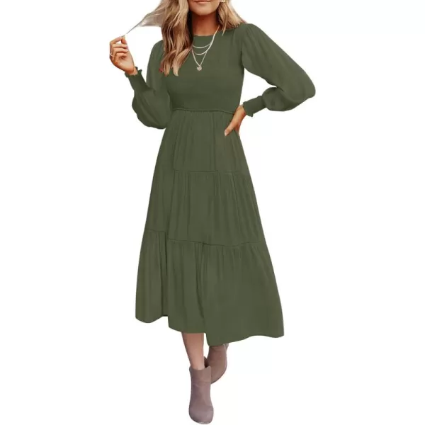 ZESICA Womens 2024 Casual Long Sleeve Crew Neck High Waist Smocked Flowy Tiered Midi DressArmygreen